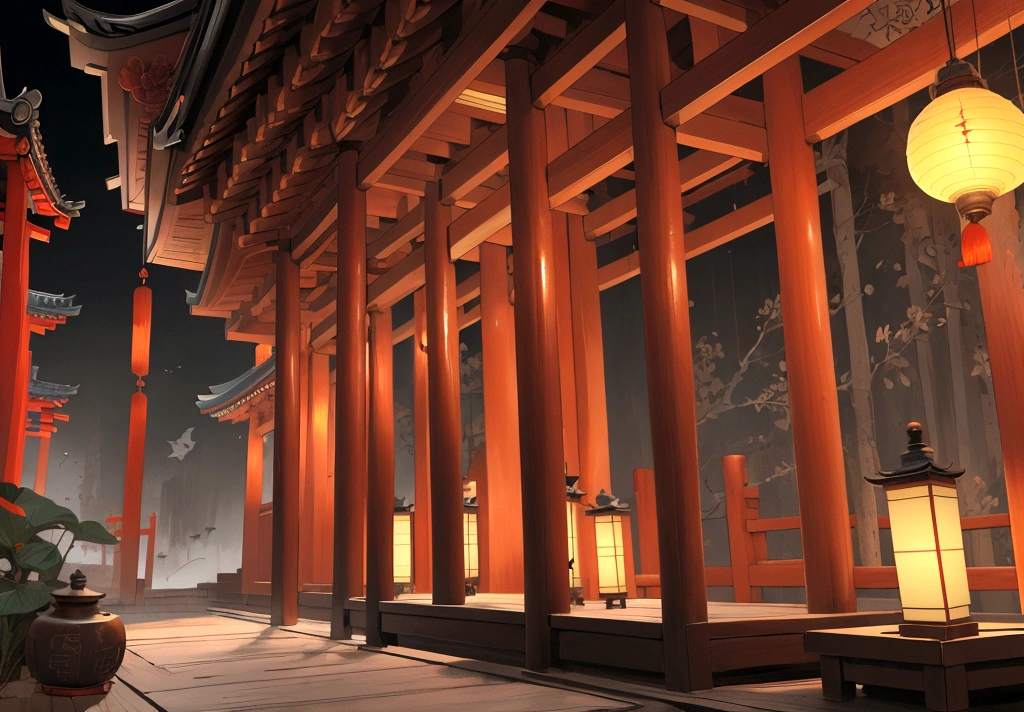 illustration of a traditional chinese building with lanterns and a bird, temple background, background depicting a temple, zen temple background, digital painting of a pagoda, japanese temple, korean traditional palace, background art, chinese building, artwork in the style of z.w. gu, japanese house, inspired by Shūbun Tenshō, cyberpunk japanese temple, palace background