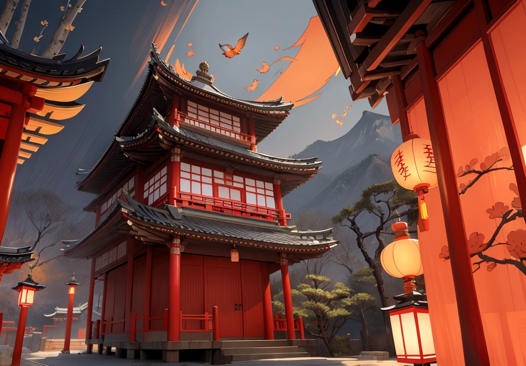 illustration of a traditional chinese building with lanterns and a bird, temple background, background depicting a temple, zen temple background, digital painting of a pagoda, japanese temple, korean traditional palace, background art, chinese building, artwork in the style of z.w. gu, japanese house, inspired by Shūbun Tenshō, cyberpunk japanese temple, palace background