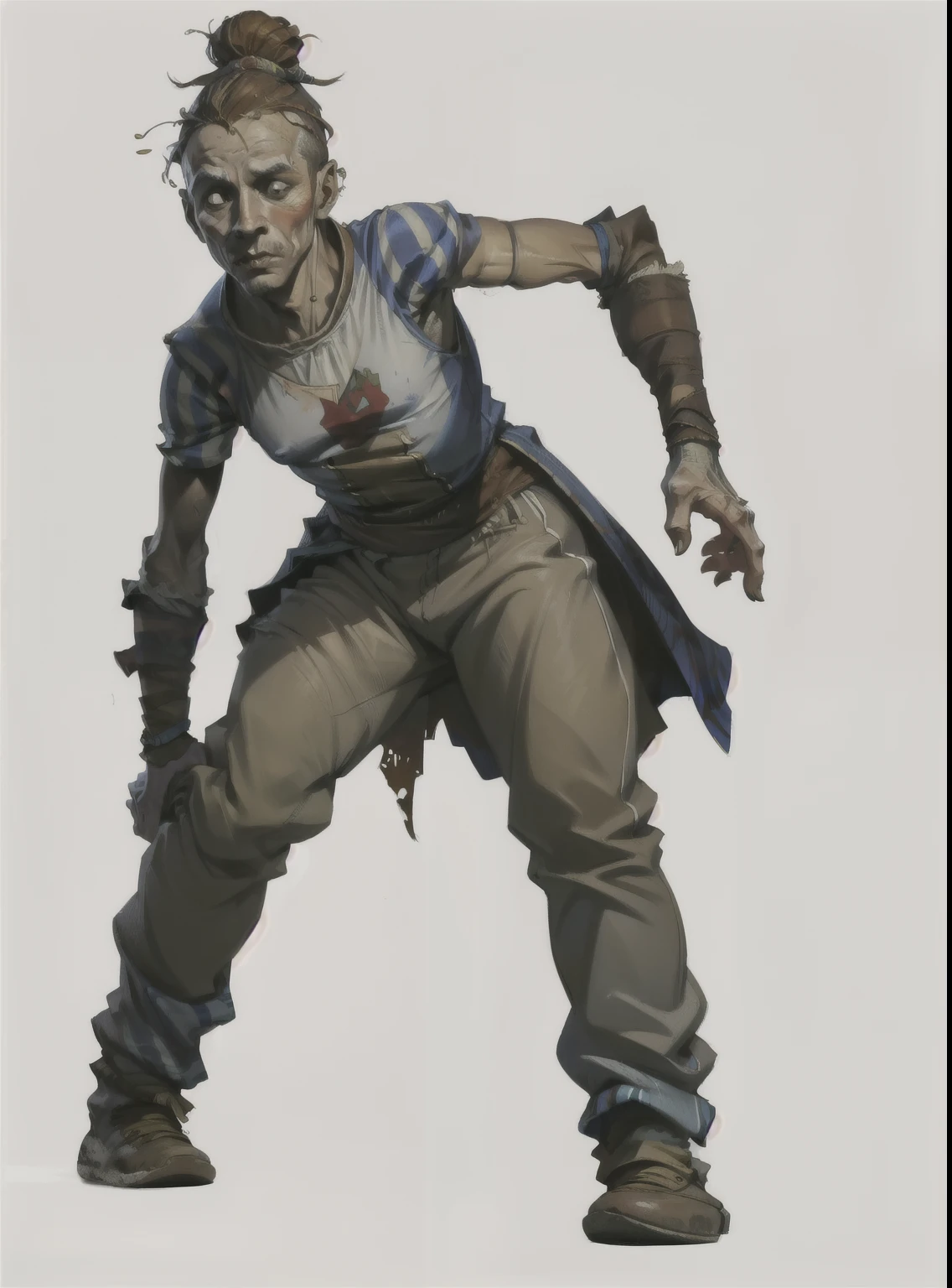 I want a character with a white background, png, Full body image, a jester, Beggar, only with beige pants, and messy brown hair, a primal posture, old shoes.