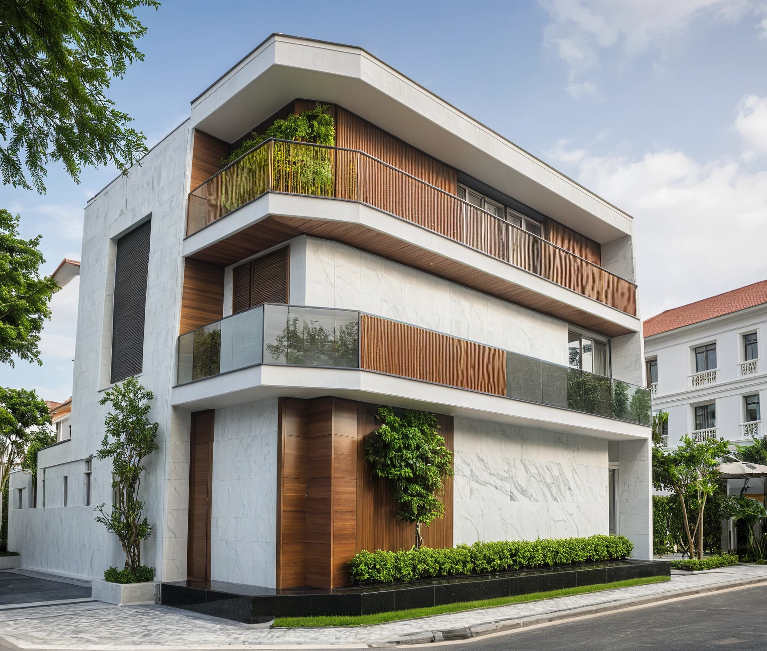 modern villa on street, (daylight), tropical tree, vivid colour, streetcapes, white tone, white wall, large glass door, warm interior lighting, wood and marble, best quality, 17ArchiAI_XL_VL-v1
