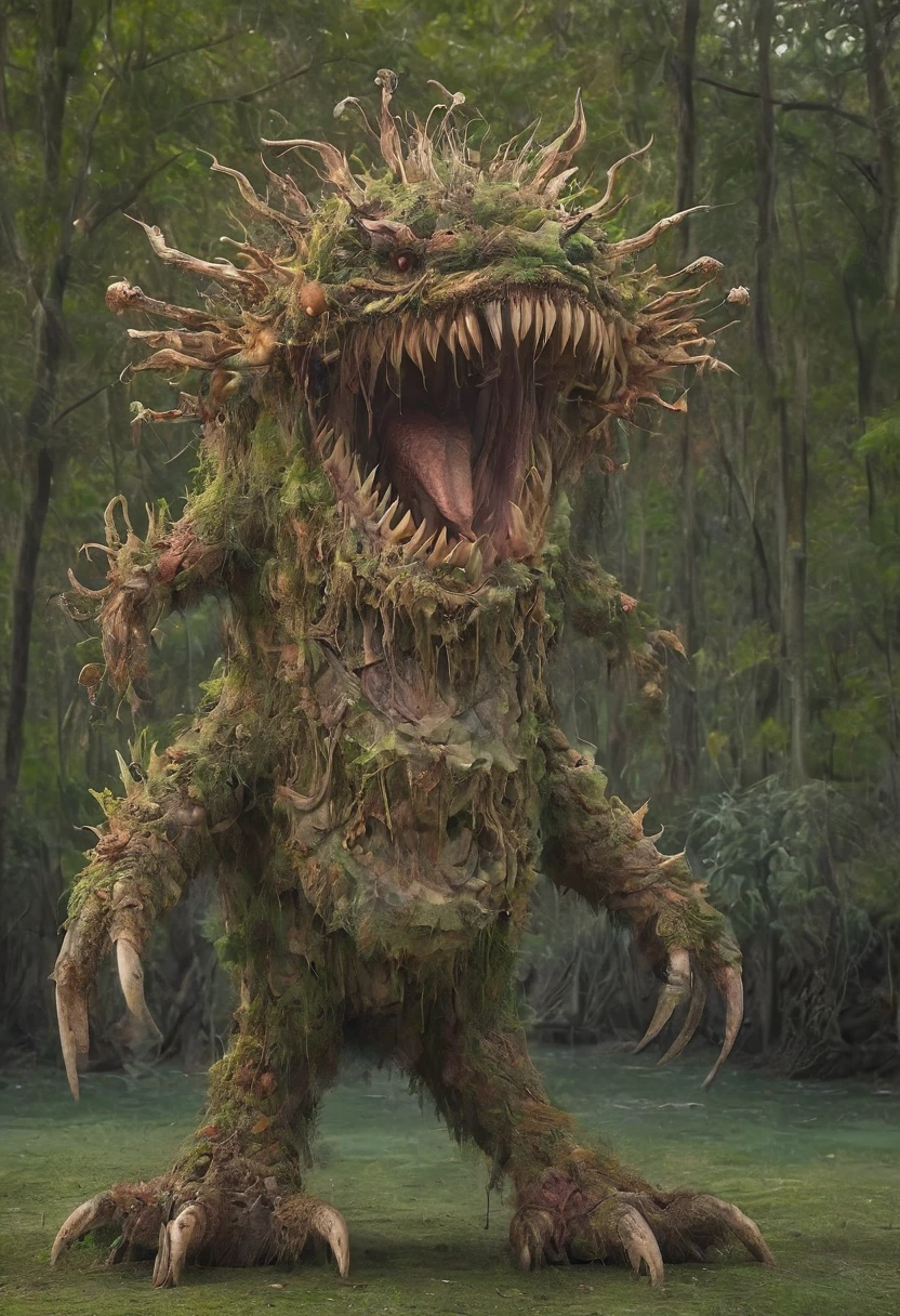 An enormous monster with tentacles of meat and horns of goat, eyes on fire, deformed body, disfigured head, mutated limds, dirty fur, disgusting, wrong anatomy, shapeless, distorted, foggy forest, creepy atmosphere, horror ambient, alien