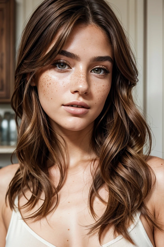 Realistic portrait photo of beautiful woman with brown hair, hair roots slightly faded, italian, influencer, Light, freckles, brown eyes, no make UP, instagram