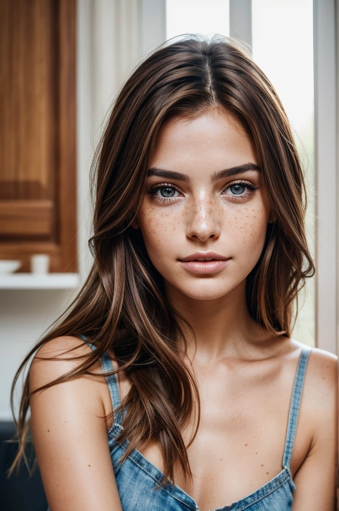 Realistic portrait photo of beautiful woman with brown hair, hair roots slightly faded, italian, influencer, Light, freckles, brown eyes, no make UP, instagram