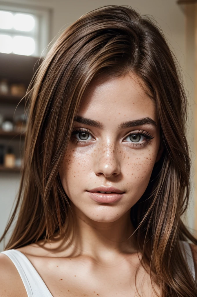 Realistic portrait photo of beautiful woman with brown hair, hair roots slightly faded, italian, influencer, Light, freckles, brown eyes, no make UP, instagram