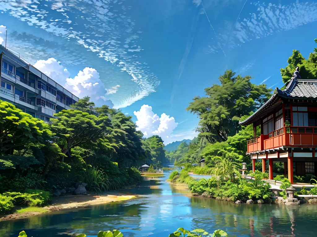 8K HD quality，Tropical Garden，Takayama，Blue sky and white clouds，river, lake, river，还有Takayama和中国传统寺庙，Garden River