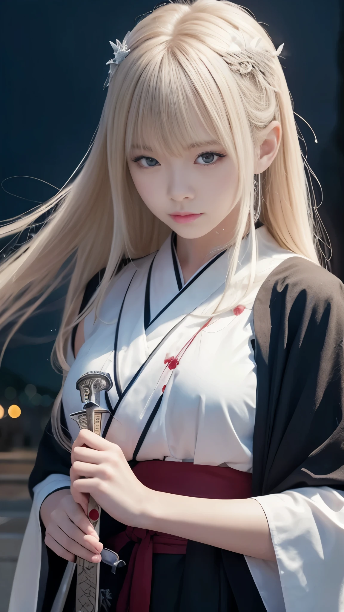 masterpiece, wonderful, (CG illustration)、night, Outdoor, 雨of日, Chinese style, kimono、 ((woman)), 成熟したwoman, Pale Hair , 灰色of青い目, 淡いピンクof唇, Indifference, 真swordさ, bangs, assassin, sword, White clothes, Blood, Blood, Violence, of, Injury, Blood, Facial Blood, 顔of詳細, 顔of詳細、Accurate anatomy:1.3、Degrees of Freedom:1.8、Dynamic Actions、