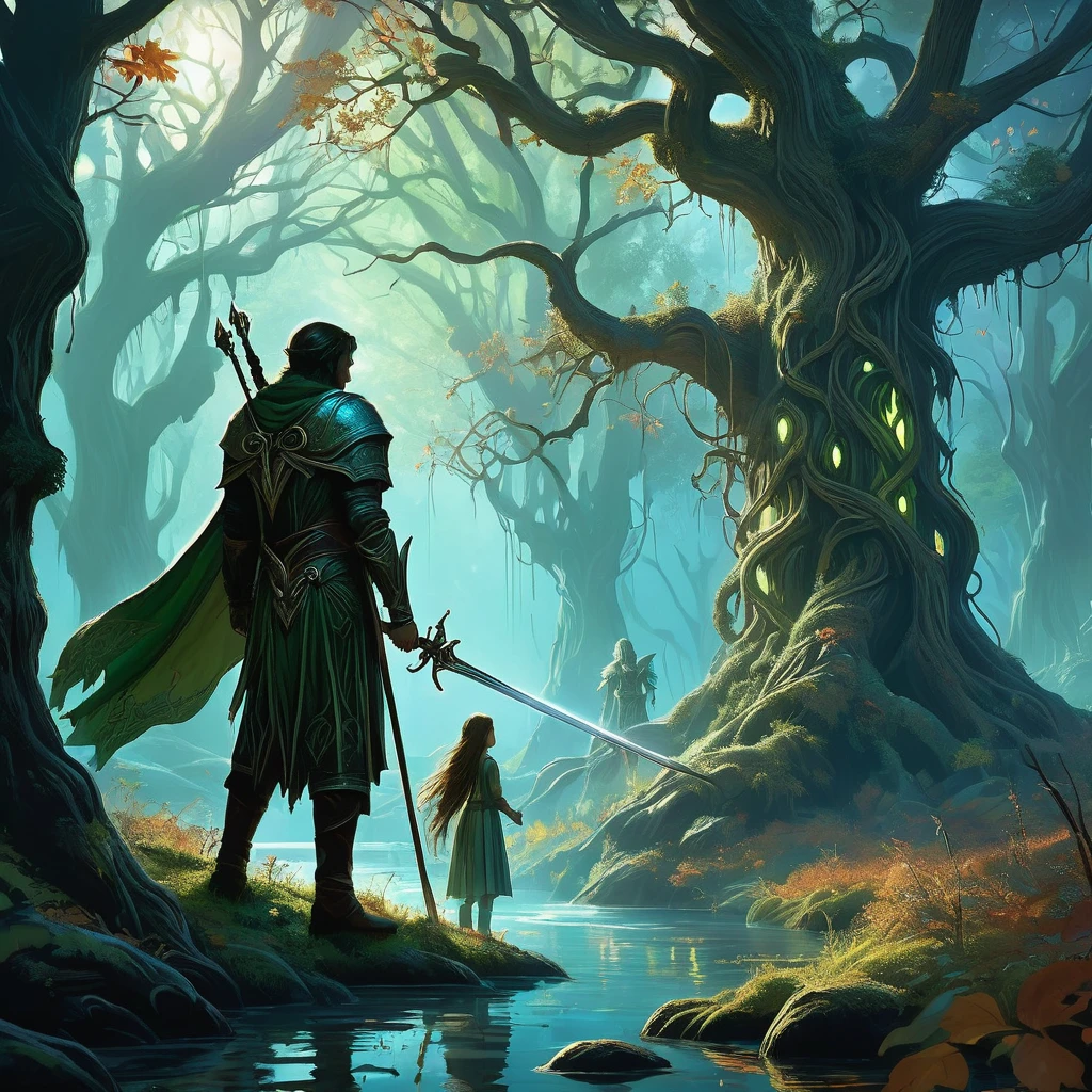 Under the ancient canopy of the Whispering Woods, two elven siblings stand as the eternal guardians of their mystical realm. The boy, with his short, tousled hair the color of autumn leaves, and the girl, with her long, flowing tresses reminiscent of moonlight on water, embody the ethereal beauty and strength of the elven race.

Clad in intricately crafted leather armor adorned with symbols of the forest, they move silently through the twilight shadows, their keen eyes ever watchful for intruders. The boy carries a finely carved bow, its string taut with readiness, while the girl wields a slender, gleaming dagger, the blade humming with ancient enchantments.

The forest around them is alive with the murmurs of hidden creatures and the rustling of unseen entities. Gnarled roots twist like serpents beneath the mossy ground, and the air is thick with the scent of damp earth and wildflowers. In the distance, the glow of bioluminescent fungi casts an eerie light, illuminating their path.

These siblings are the keepers of the woods, sworn to protect the ancient secrets and sacred groves from the encroaching darkness. As night falls and the forest whispers tales of forgotten magic and lurking dangers, they stand resolute, ready to defend their home against any who dare to threaten its sanctity.

In this medieval dark fantasy, the bond between the elven brother and sister is as unyielding as the ancient trees they guard, their destiny intertwined with the very soul of the forest they cherish."

