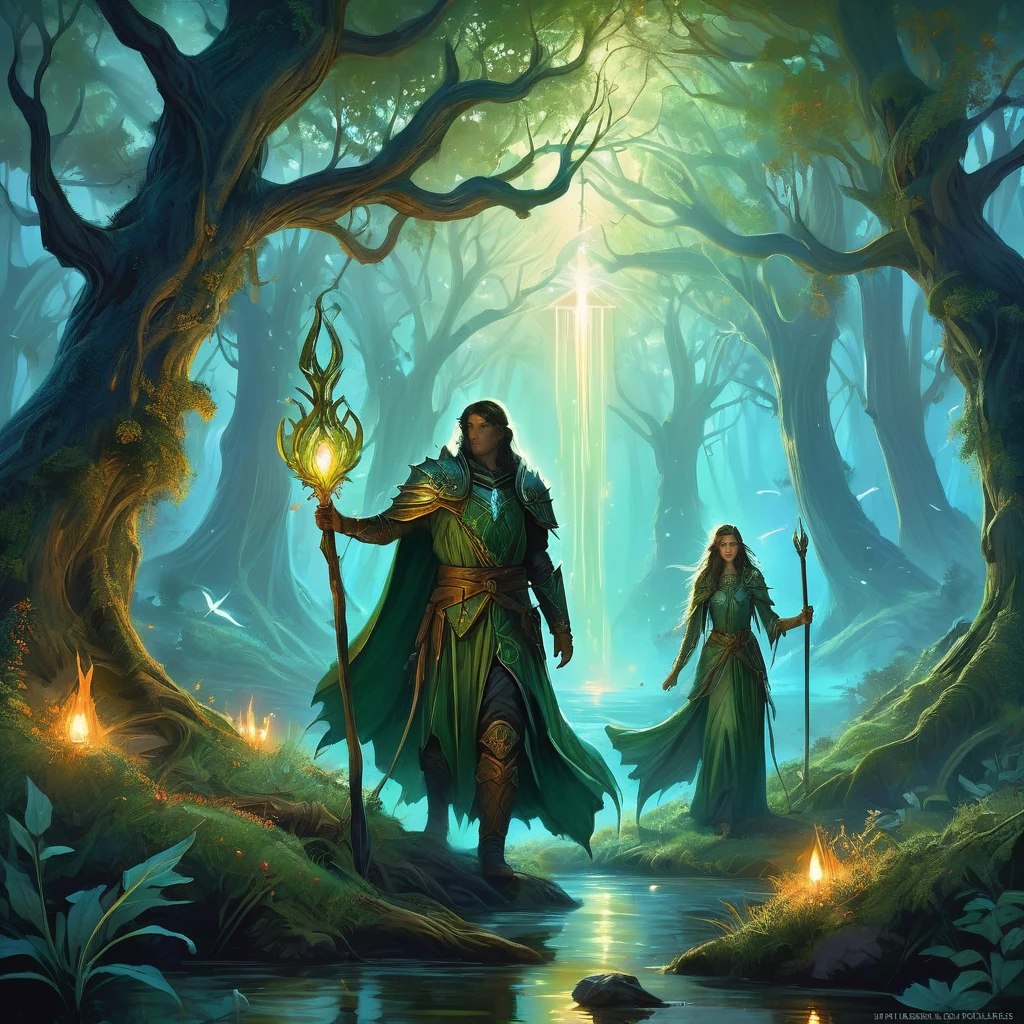 Under the ancient canopy of the Whispering Woods, two elven siblings stand as the eternal guardians of their mystical realm. The boy, with his short, tousled hair the color of autumn leaves, and the girl, with her long, flowing tresses reminiscent of moonlight on water, embody the ethereal beauty and strength of the elven race.

Clad in intricately crafted leather armor adorned with symbols of the forest, they move silently through the twilight shadows, their keen eyes ever watchful for intruders. The boy carries a finely carved bow, its string taut with readiness, while the girl wields a slender, gleaming dagger, the blade humming with ancient enchantments.

The forest around them is alive with the murmurs of hidden creatures and the rustling of unseen entities. Gnarled roots twist like serpents beneath the mossy ground, and the air is thick with the scent of damp earth and wildflowers. In the distance, the glow of bioluminescent fungi casts an eerie light, illuminating their path.

These siblings are the keepers of the woods, sworn to protect the ancient secrets and sacred groves from the encroaching darkness. As night falls and the forest whispers tales of forgotten magic and lurking dangers, they stand resolute, ready to defend their home against any who dare to threaten its sanctity.

In this medieval dark fantasy, the bond between the elven brother and sister is as unyielding as the ancient trees they guard, their destiny intertwined with the very soul of the forest they cherish."

