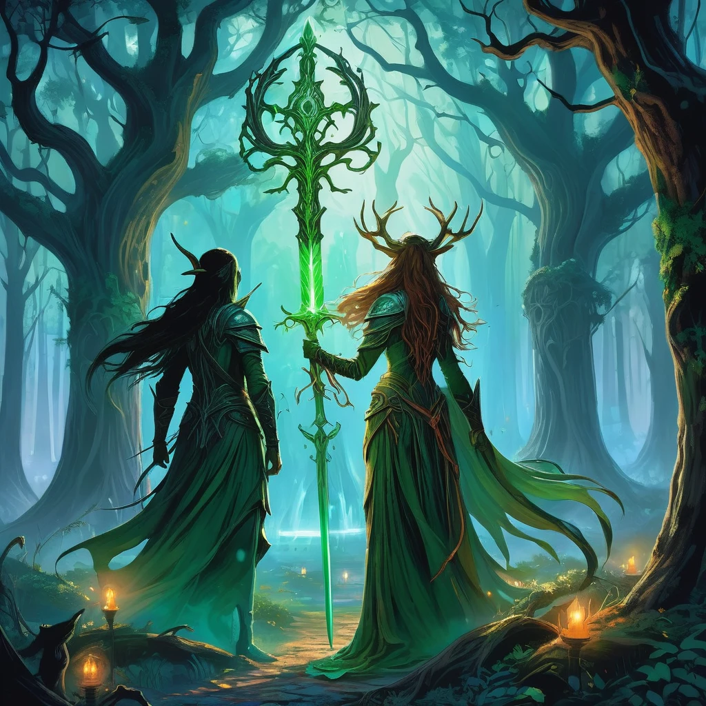Under the ancient canopy of the Whispering Woods, two elven siblings stand as the eternal guardians of their mystical realm. The boy, with his short, tousled hair the color of autumn leaves, and the girl, with her long, flowing tresses reminiscent of moonlight on water, embody the ethereal beauty and strength of the elven race.

Clad in intricately crafted leather armor adorned with symbols of the forest, they move silently through the twilight shadows, their keen eyes ever watchful for intruders. The boy carries a finely carved bow, its string taut with readiness, while the girl wields a slender, gleaming dagger, the blade humming with ancient enchantments.

The forest around them is alive with the murmurs of hidden creatures and the rustling of unseen entities. Gnarled roots twist like serpents beneath the mossy ground, and the air is thick with the scent of damp earth and wildflowers. In the distance, the glow of bioluminescent fungi casts an eerie light, illuminating their path.

These siblings are the keepers of the woods, sworn to protect the ancient secrets and sacred groves from the encroaching darkness. As night falls and the forest whispers tales of forgotten magic and lurking dangers, they stand resolute, ready to defend their home against any who dare to threaten its sanctity.

In this medieval dark fantasy, the bond between the elven brother and sister is as unyielding as the ancient trees they guard, their destiny intertwined with the very soul of the forest they cherish."

