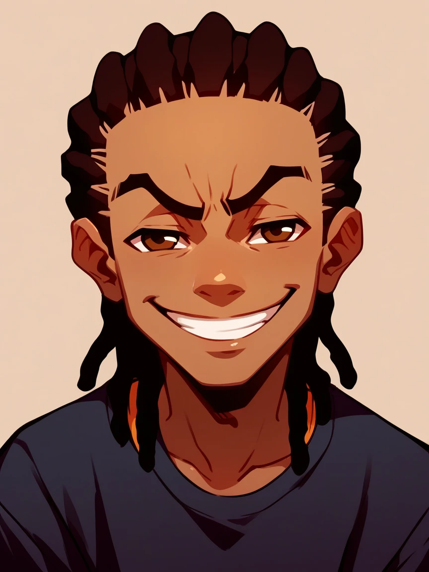 score_9, score_8_up, score_7_up, score_6_up, captivating adult black male, 20s, dark skin, dreadlocks, smile