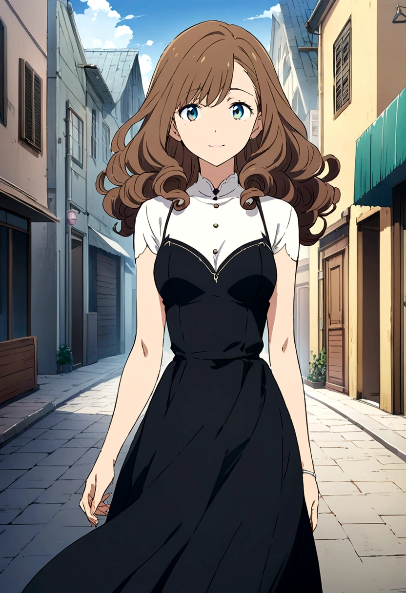 (Best Quality:0.8) perfect anime illustration, a pretty, Happy woman with long curly brown hair on the city street, wearing a dark dress with white details