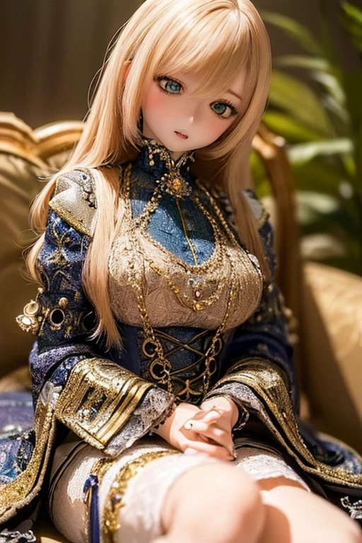 photorealistic, realistic photo, ((highest quality)), ((masterpiece)), (extremely detailed), kukolnydom, doll, (mature woman:1.7), solo, eye level shot, sitting on sofa, hands on knees, green eyes, (looking down, blank eyes, empty eyes, detailed eyes:1.3), light smile, dress, museum, 8k