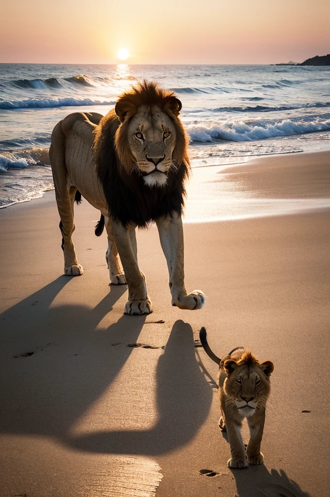 Male lion walking on the beach，sturdy，sad，sideways，Look into the distance，Sunset，coastal，Japanese comic style，Unreal Engine，illustration，Wide-angle lens，Realistic details，Atmospheric one