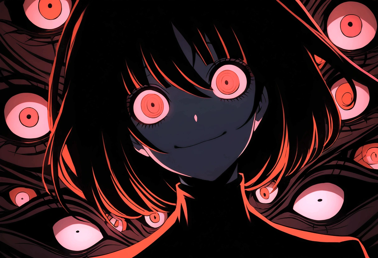 Too many Crazy eyes laughing Yandere Crazy anime woman. Looking. Red Shining eyes. Black hair, Dark theme