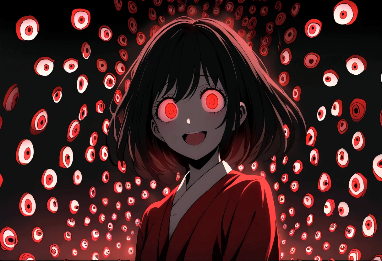 Too many Crazy eyes laughing Yandere Crazy anime woman. Looking. Red Shining eyes. Black hair, Dark theme