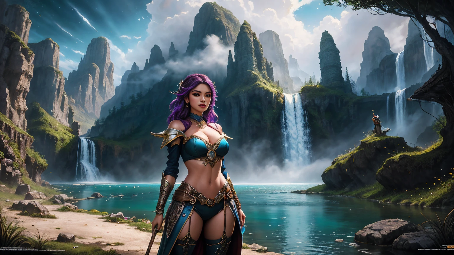 (Best quality, 8K, Masterpiece: 1.2), Very Detailed Face, Beautiful Detailed Eyes, Beautiful Detailed Lips, Ultra Detailed big Breasts, Extremely Profiled Breasts, Extreme Description Of Details, Vivid and Intense Colors, Vibrant Colors, Bright Magic Aura, Ethereal Lighting, Arafed Cute Woman in Skimpy Outfit Stands in Front of a Waterfall, Fantasy Woman, Beautiful Fantasy Art, Beautiful Fantasy, 8k Fantasy Art, Fantasy Art Style, Very Beautiful Fantasy Art, Epic Fantasy Digital Art Style, Detailed Fantasy Digital Art, Fantasy Digital Art, 8K Fantasy Painting