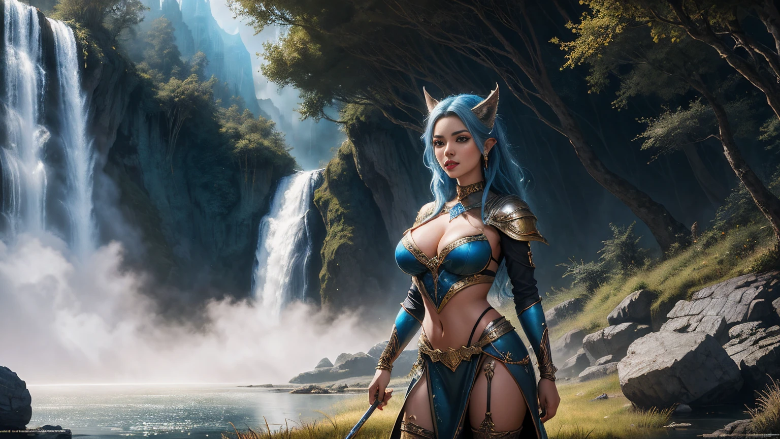 (Best quality, 8K, Masterpiece: 1.2), Very Detailed Face, Beautiful Detailed Eyes, Beautiful Detailed Lips, Ultra Detailed big Breasts, Extremely Profiled Breasts, Extreme Description Of Details, Vivid and Intense Colors, Vibrant Colors, Bright Magic Aura, Ethereal Lighting, Arafed Cute Woman in Skimpy Outfit Stands in Front of a Waterfall, Fantasy Woman, Beautiful Fantasy Art, Beautiful Fantasy,  8k Fantasy Art, Fantasy Art Style, Very Beautiful Fantasy Art, Epic Fantasy Digital Art Style, Detailed Fantasy Digital Art, Fantasy Digital Art, 8K Fantasy Painting