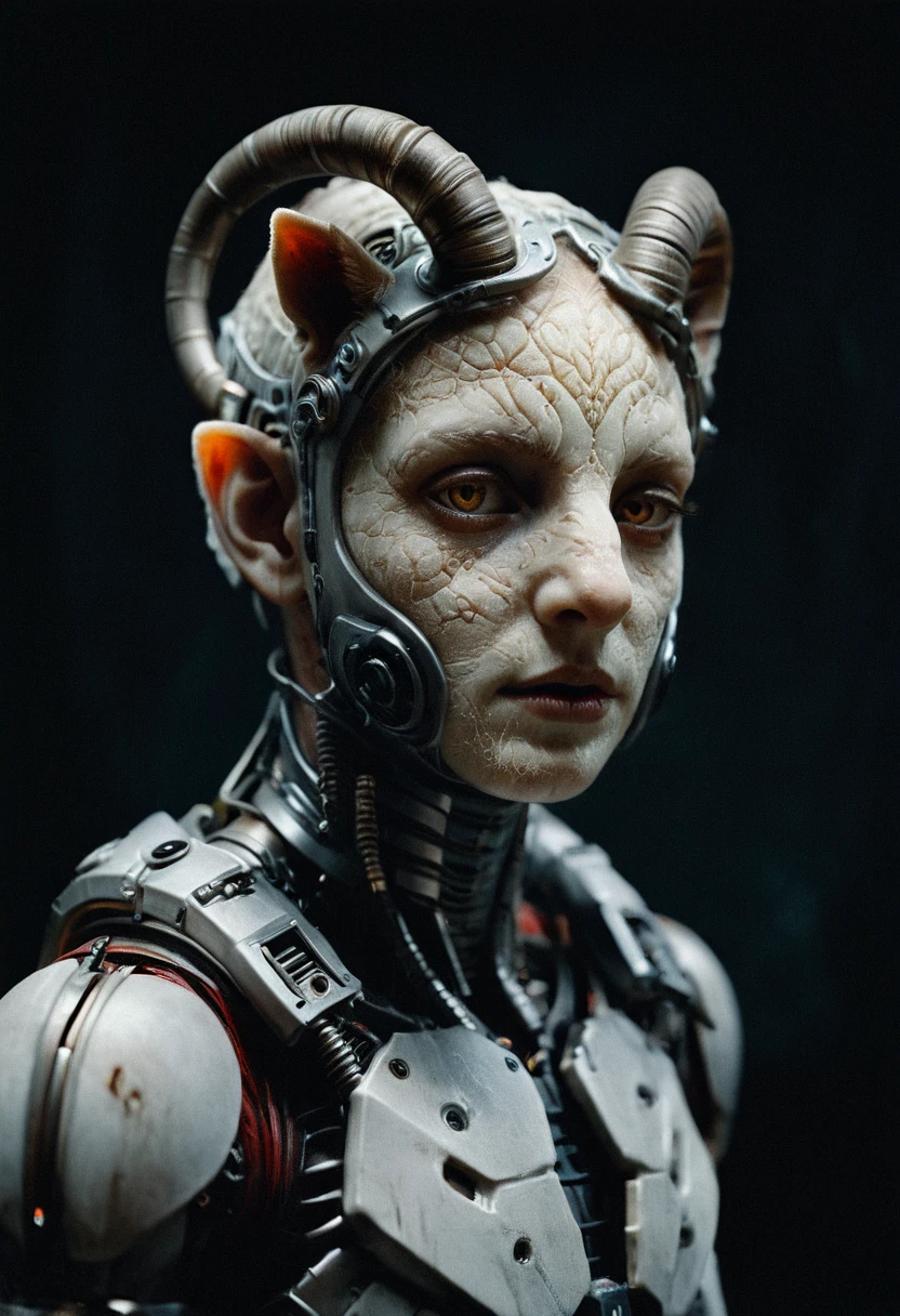 God is the devils lamb turned inside out, body ephemeral, faceless mechanical skin, very detailed, photorealistic, Cinematic, Masterpiece, half body portrait, dramatic shadow evocative analog film noise, half body portrait, cinematic, movie still, captured in the style of Sony Alpha A7 III camera