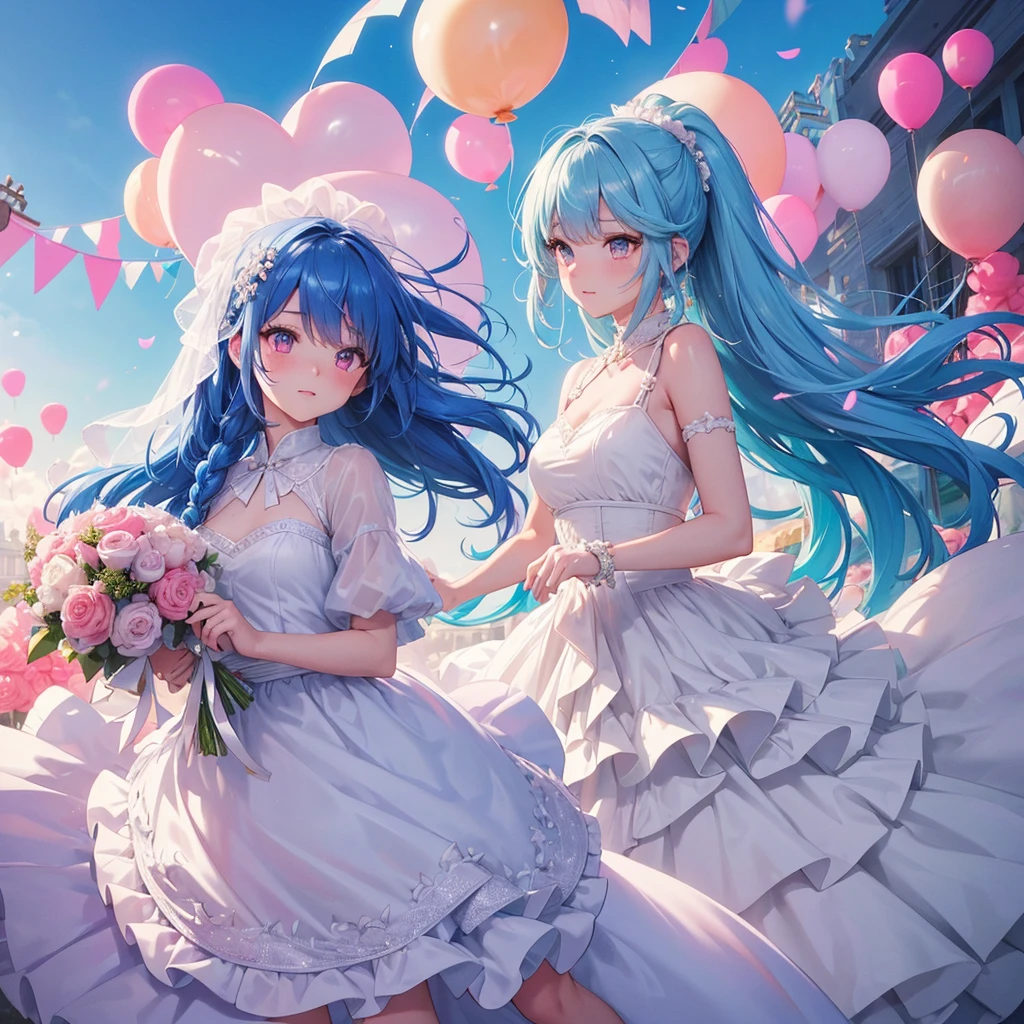 sky Blue hair, (braided ponytail),(pink eyes),fair skin ,(full body),(1 girl),bride,blush,Straight Bangs, June Bride,Wedding dress,(masterpiece, best quality, ultra-detailed, best shadow), (detailed background), (beautiful detailed face), high contrast, (best illumination, an extremely delicate and beautiful), ((cinematic light)), colorful, hyper detail, dramatic light, intricate details,Wedding hall, Balloons flying in the sky,sunshine,Glaring Sun,