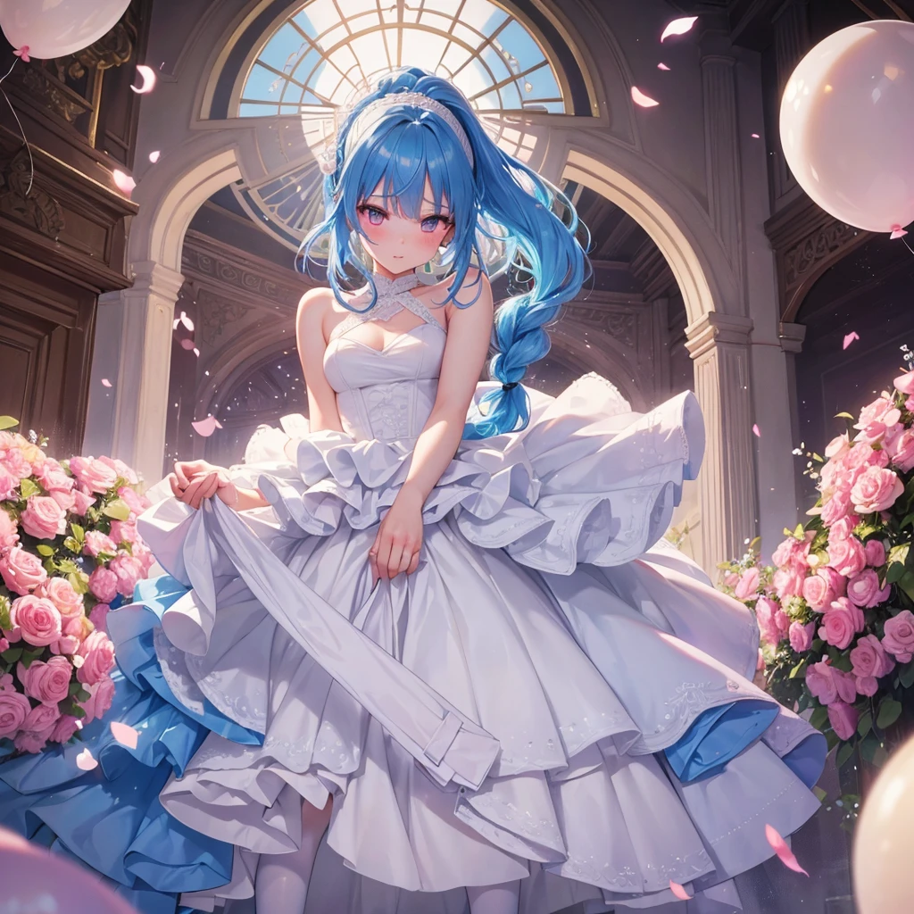 sky Blue hair, (braided ponytail),(pink eyes),fair skin ,(full body),(1 girl),bride,blush,Straight Bangs, June Bride,Wedding dress,(masterpiece, best quality, ultra-detailed, best shadow), (detailed background), (beautiful detailed face), high contrast, (best illumination, an extremely delicate and beautiful), ((cinematic light)), colorful, hyper detail, dramatic light, intricate details,Wedding hall, Balloons flying in the sky,sunshine,Glaring Sun,