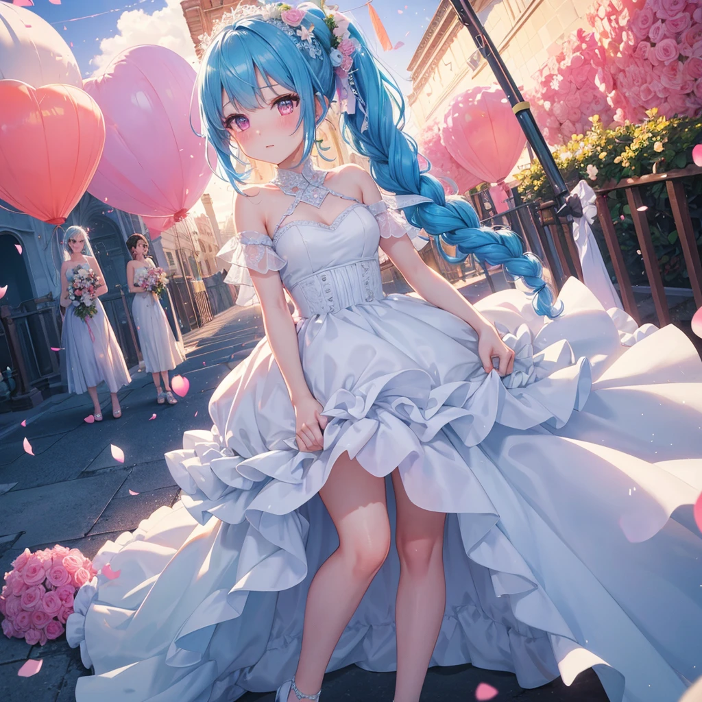 sky Blue hair, (braided ponytail),(pink eyes),fair skin ,(full body),(1 girl),bride,blush,Straight Bangs, June Bride,Wedding dress,(masterpiece, best quality, ultra-detailed, best shadow), (detailed background), (beautiful detailed face), high contrast, (best illumination, an extremely delicate and beautiful), ((cinematic light)), colorful, hyper detail, dramatic light, intricate details,Wedding hall, Balloons flying in the sky,sunshine,Glaring Sun,