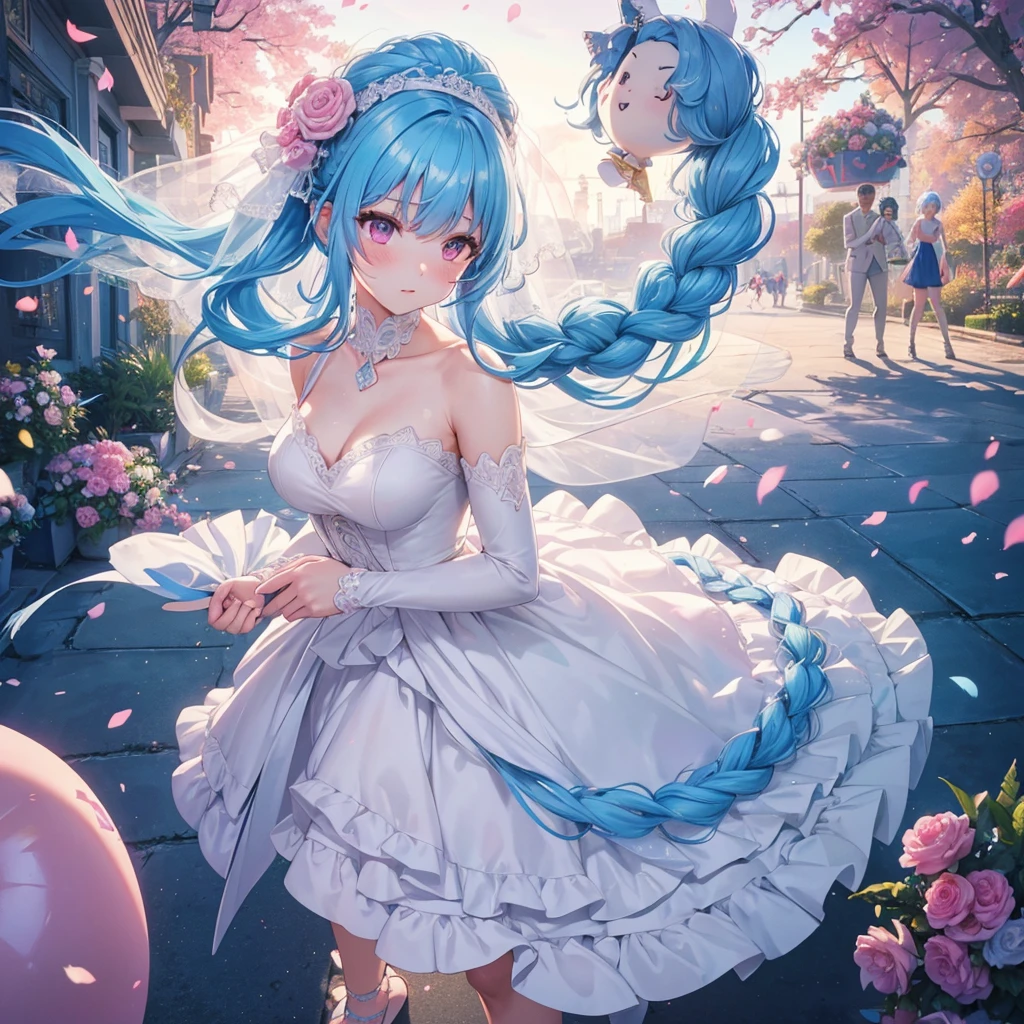 sky Blue hair, (braided ponytail),(pink eyes),fair skin ,(full body),(1 girl),bride,blush,Straight Bangs, June Bride,Wedding dress,(masterpiece, best quality, ultra-detailed, best shadow), (detailed background), (beautiful detailed face), high contrast, (best illumination, an extremely delicate and beautiful), ((cinematic light)), colorful, hyper detail, dramatic light, intricate details,Wedding hall, Balloons flying in the sky,sunshine,Glaring Sun,