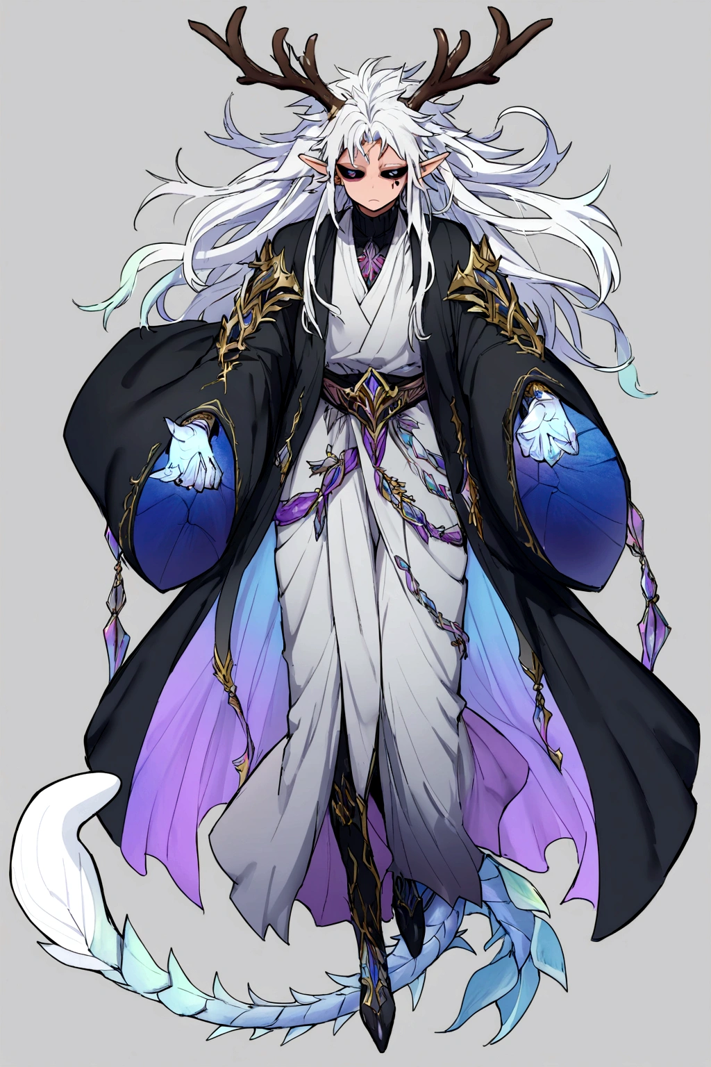 Solo, male teen, Character fusion: Nibelung fused with nidhoggr, odin and sun wukong, tall tanned man with wild unruly white hair, bangs on face, bangs, ((iridescent irises)), black sclera on eyes, long voluminous hair, spiky hair, pointy ears, fit , clawed fingers, dragon tail, open haori, turtleneck tanktop, dark crystal antlers, exhausted expression, khaenr'ah abyss, draconic person, calamity incarnate,  full body