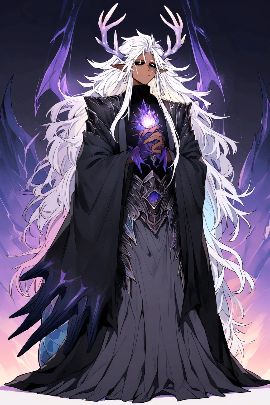 Solo, male teen, Character fusion: Nibelung fused with nidhoggr, odin and sun wukong, tall tanned man with wild unruly white hair, bangs on face, bangs, ((iridescent irises)), black sclera on eyes, long voluminous hair, spiky hair, pointy ears, fit , clawed fingers, dragon tail, open haori, turtleneck tanktop, dark crystal antlers, exhausted expression, khaenr'ah abyss, draconic person, calamity incarnate,  full body