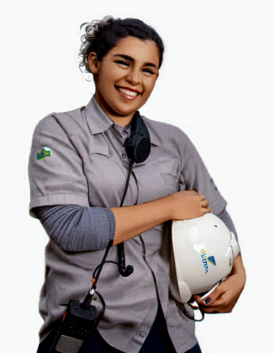  a smiling woman, with curly hair tied back, wearing a light gray work shirt with reflective details with a Brazilian flag emblem on the right sleeve. She has a two-way radio and microphone attached to her shirt and holds a white helmet.