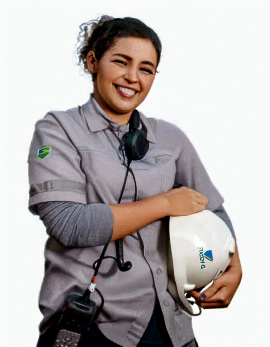  a smiling woman, with curly hair tied back, wearing a light gray work shirt with reflective details with a Brazilian flag emblem on the right sleeve. She has a two-way radio and microphone attached to her shirt and holds a white helmet.