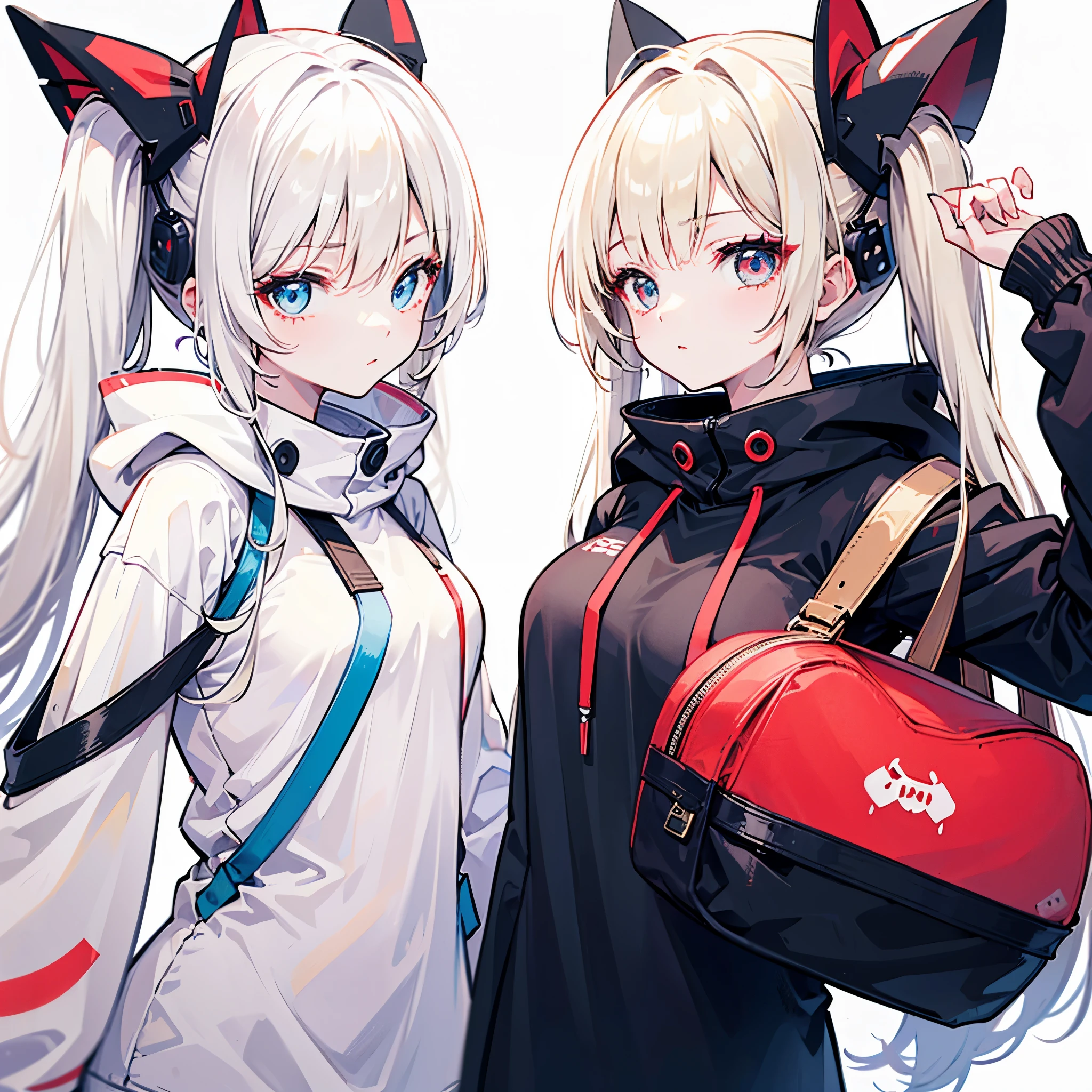 Two Girls、Beige hair and red eyes、White hair and blue eyes、Twin tails、Very long hair、Shiny Hair、high quality、Simple Background、White Background、Monochrome costumes、Big hoodie
