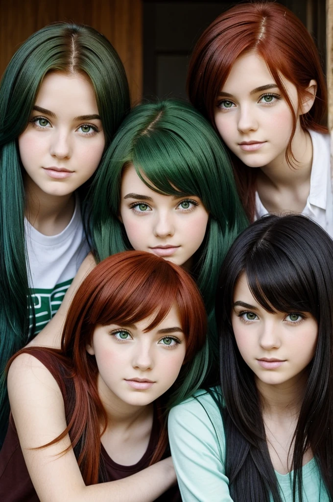 Four girls. Green hair. Redhead. Black hair. Brown hair. Teenagers.