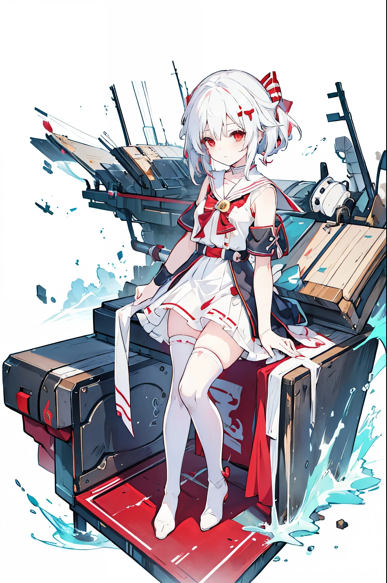 Anime Girls with white hair and red bow sitting on the ground, Sailor dress, Cute girl anime visuals, young Anime Girls, Anime Best Girl, (Anime Girls), pretty Anime Girls, White Hair Girl, beautiful Anime Girls, White background、Full-body portrait、Brown boots、Red Eyearine color dress、Knee-high socks、whiteback、Standing girl
