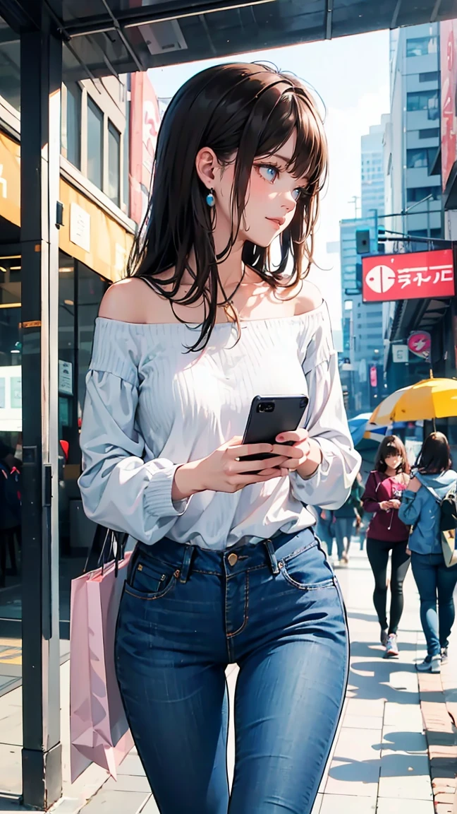 1 female,profile,Sobbing,View smartphone,Broken Heart, Long sleeve off-shoulder shirt, jeans, sneakers, Brown hair and bangs, Earrings, Choosing clothes,shopping,city、smile