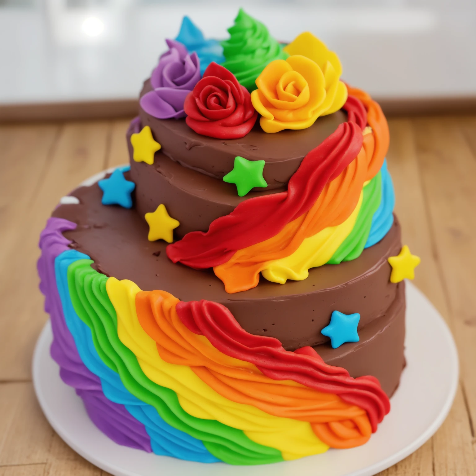 on a wooden table. there is a white plate. two-tier cake, chocolate cream cake, rainbow cream in the form of ruffles, decorated with rainbow stars made of polymer clay, multi-colored cream on top, against the background of the kitchen, Beautiful light from the window, Contour light, several light sources, beautiful lighting, Bright light source, bright lighting, beautiful light sources, Multiple light sources, Realistic style , realistic texture, detailed texture, A high resolution, high quality, beautiful photo of the cake, advertising photo, macro photography