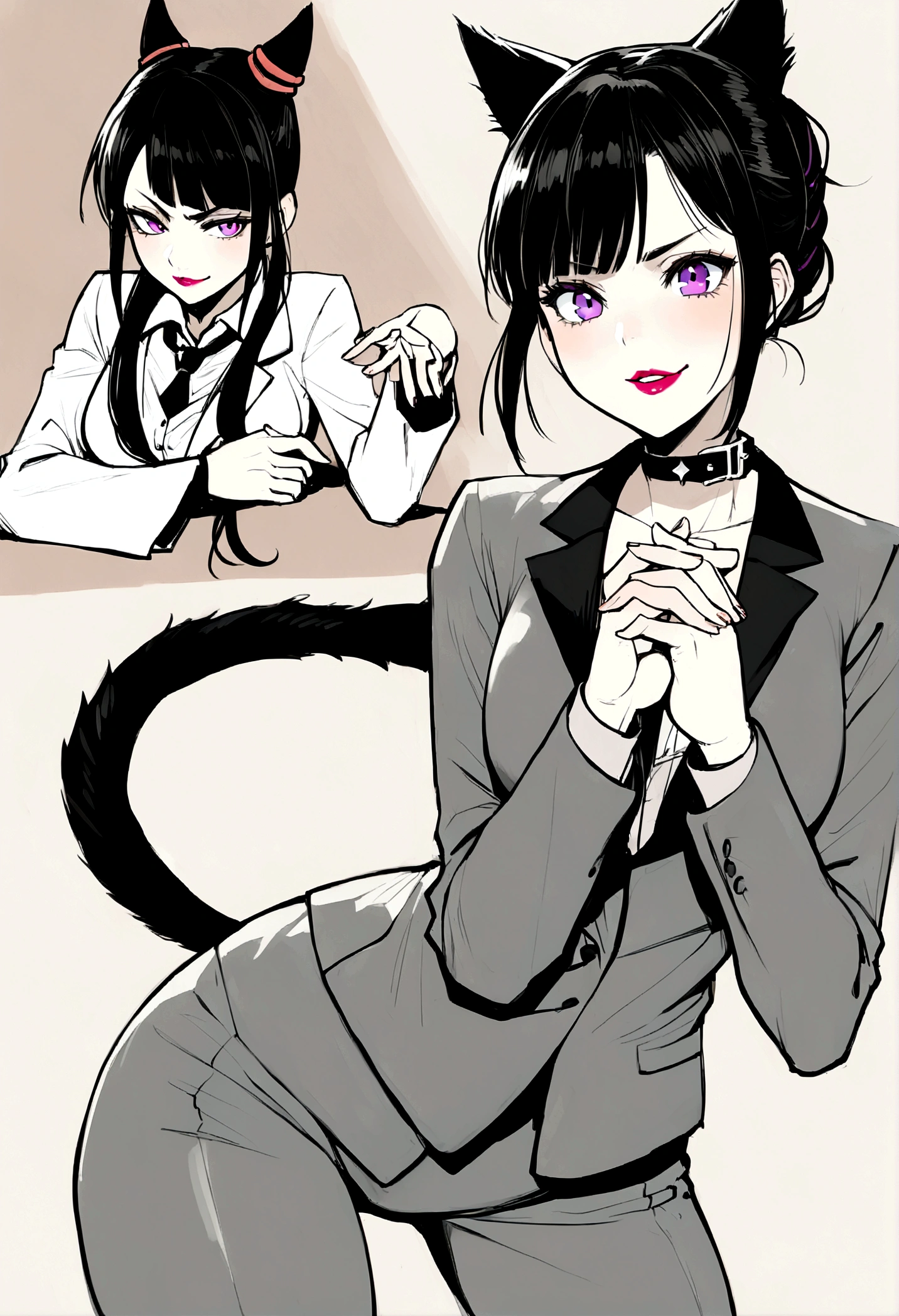 Juri Han,Beautiful girl, shorth hair, wearing a formal suit, necktie, large breasted, sensuous, lipstick, smilling face, gorgeous eyes, Bblack hair, Clean and combed hair, rot (x) Behind her, Combat posture,x, orelhas de catboy, catboy collar, catboy tail, catboy,meow, whole body,Draw your hands better
