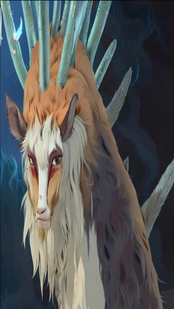 Animated image of a goat with horns and red eyes, princess Monster, Monster, princess Monster color scheme, studio ghibly style Monster, Studio Ghibli Anime Screenshots, From Studio Ghibli, Studio Ghibli movie stills, Ghibli anime style, Studio Ghibli anime films, Ghibli anime movies, Nine-Tailed Fox
