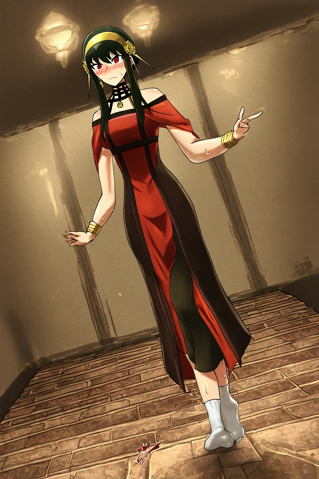 1girl,yorbriar,Yor briar,spy×family,(brunette),1girl,White calf socks,Foot sweat,Soles,Step on the perspective,blush,Egyptian clothing,Standing,angle