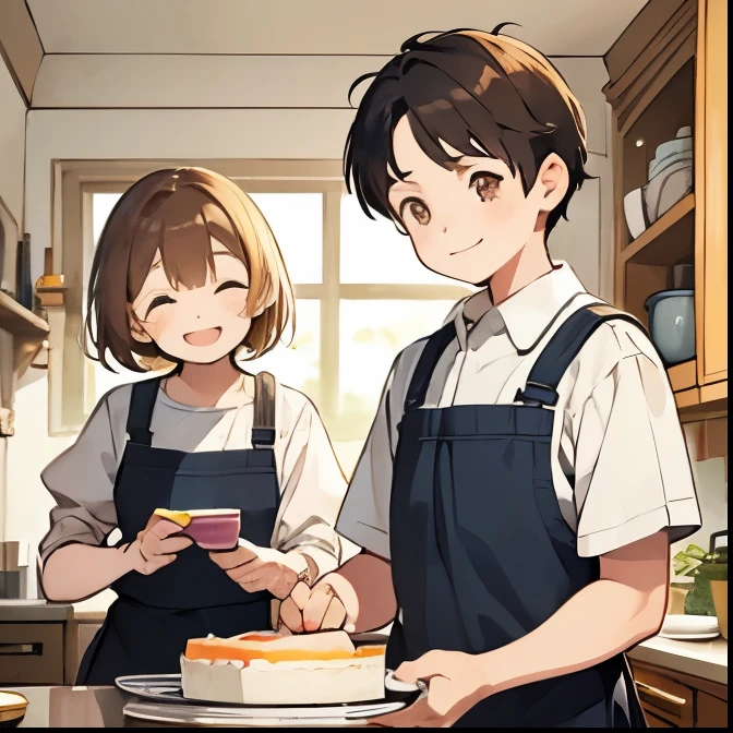 "Whimsical, picture book style watercolor painting ((a very young boy and girl)) of twins, brother and sister, with short brown hair and golden eyes, wearing white shirts and black aprons. ((Making a sponge cake)) , both of them are smiling warmly. This scene has an exaggerated attitude. The background is simple and pastel colored, a cozy kitchen. The overall art style is soft, vibrant, imaginative, deformed and Exaggerated details add to the playfulness, storybook feel."