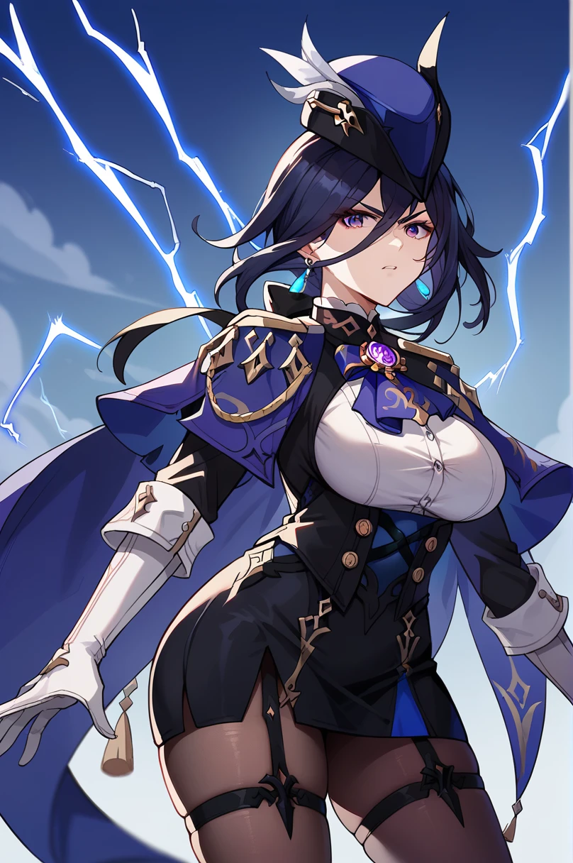 score_9, score_8_up, score_7_up, source anime, 1girl, clorinde \(genshin impact\), tricorne, black pantyhose, earrings, blue cape, white gloves, pencil skirt, white shirt, thigh strap, underbust, ascot, black jacket, depth of field, cowboy shot, lightning, electricity, combat pose, incoming attack, glaring, looking at viewer