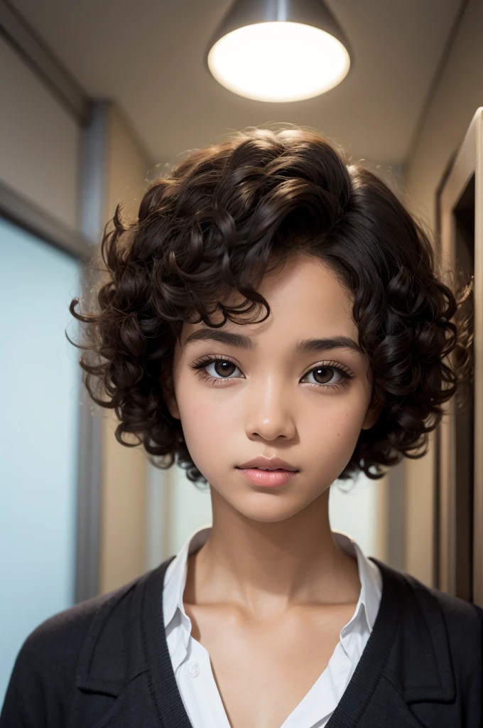 a black girl with light brown eyes with cute curly black hair wears a psychologist outfit
