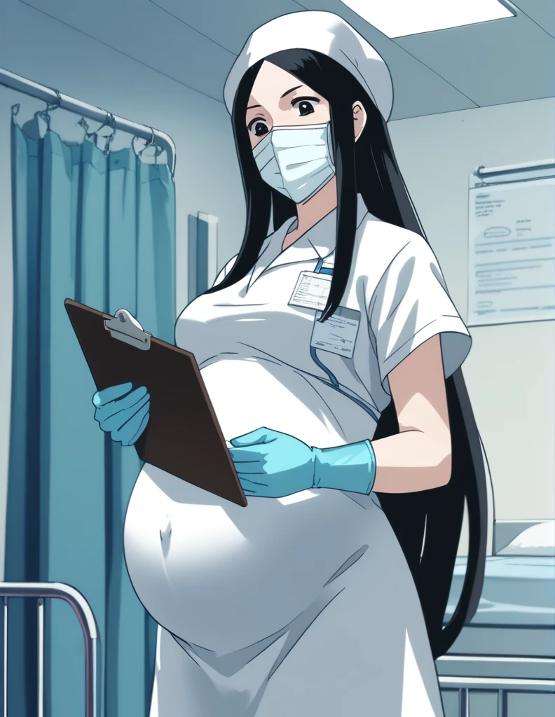 score_9,  score_8_up, score_7_up, source_anime, kasuganoray, pale skin, long hair, scrubs, surgical mask, surgical cap,
1girl, pregnant, solo, rubber gloves, clipboard, looking down, furrowed brow, privacy screen, hospital bed, standing