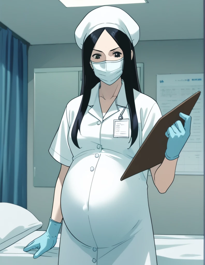 score_9, score_8_up, score_7_up, source_anime, kasuganoray, pale skin, long hair, scrubs, surgical mask, surgical cap,
1girl, pregnant, solo, rubber gloves, clipboard, looking down, furrowed brow, privacy screen, hospital bed, standing