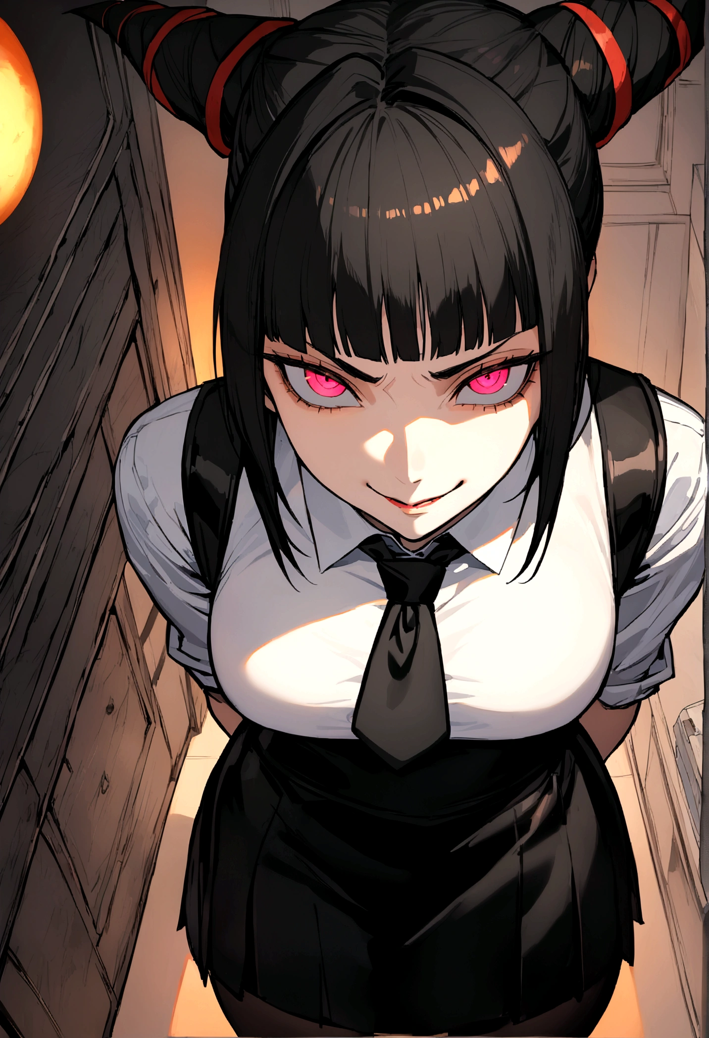 juri han, work of art, tight white secretary shirt with black tie, black high waist skirt, short skirt,stocking, black hair, black tightscary sun,office,bangs on the eyes,lighting,horn of hair,view from above,staring overhead,evil smile
