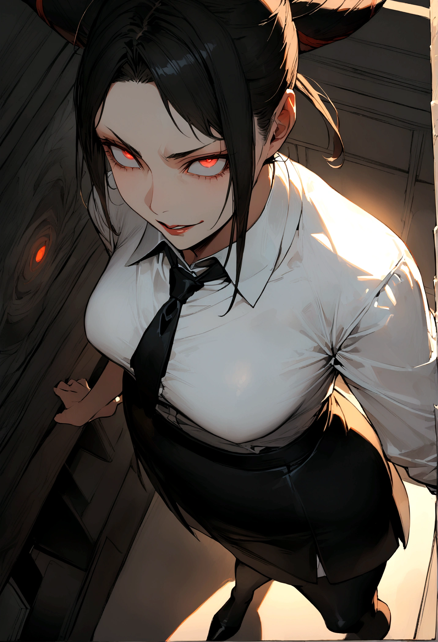 juri han, work of art, tight white secretary shirt with black tie, black high waist skirt, short skirt,stocking, black hair, black tightscary sun,office,bangs on the eyes,lighting,horn of hair,view from above,staring overhead,evil smile
