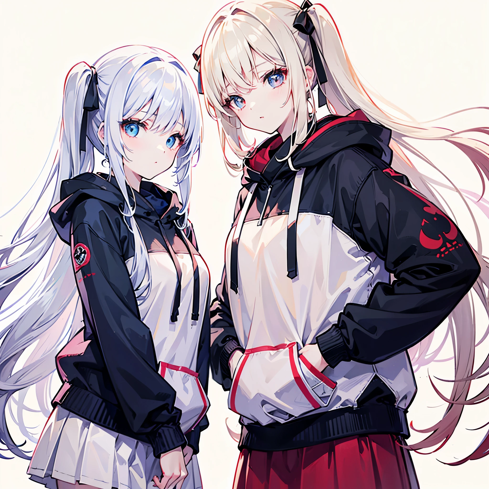 Two Girls、Beige hair and red eyes、White hair and blue eyes、Twin tails、Very long hair、Shiny Hair、high quality、Simple Background、White Background、Monochrome costumes、Big hoodie