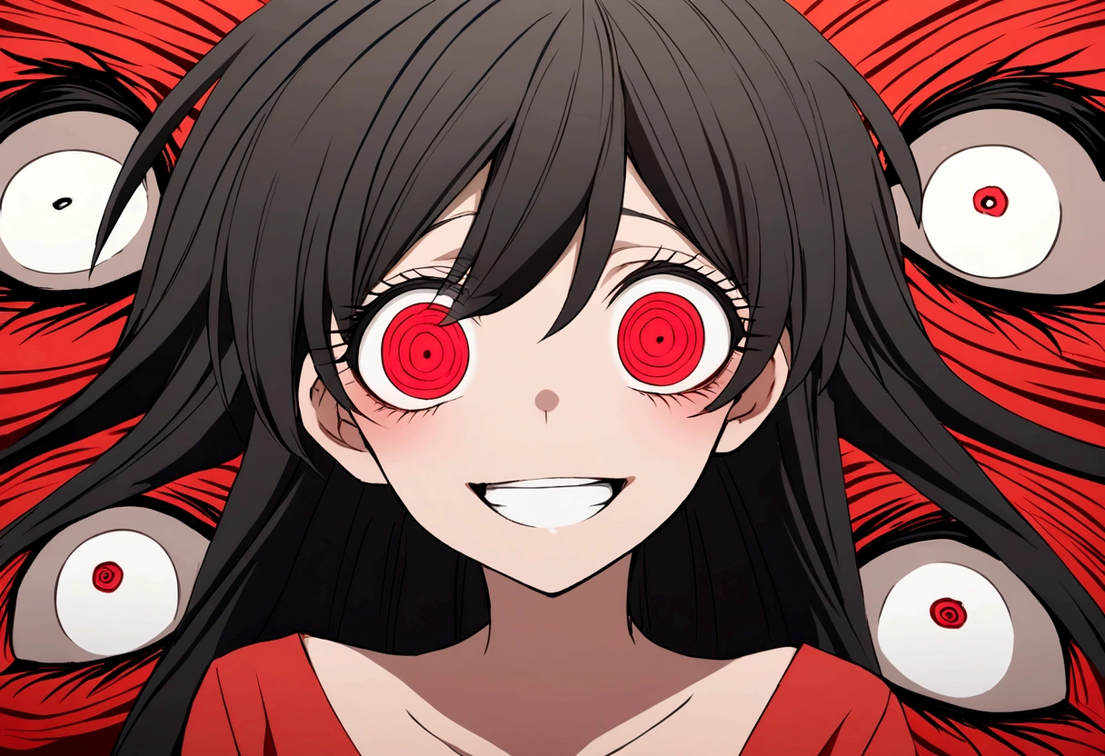 Too many Crazy eyes laughing Yandere Crazy anime woman. Looking. Red Shining eyes. Black hair
