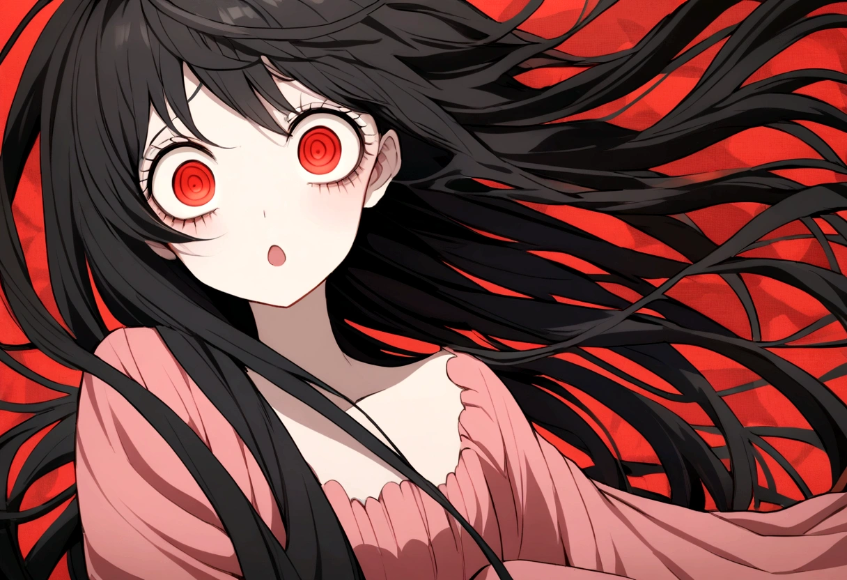 Too many Crazy eyes laughing Yandere Crazy anime woman. Looking. Red Shining eyes. Black hair