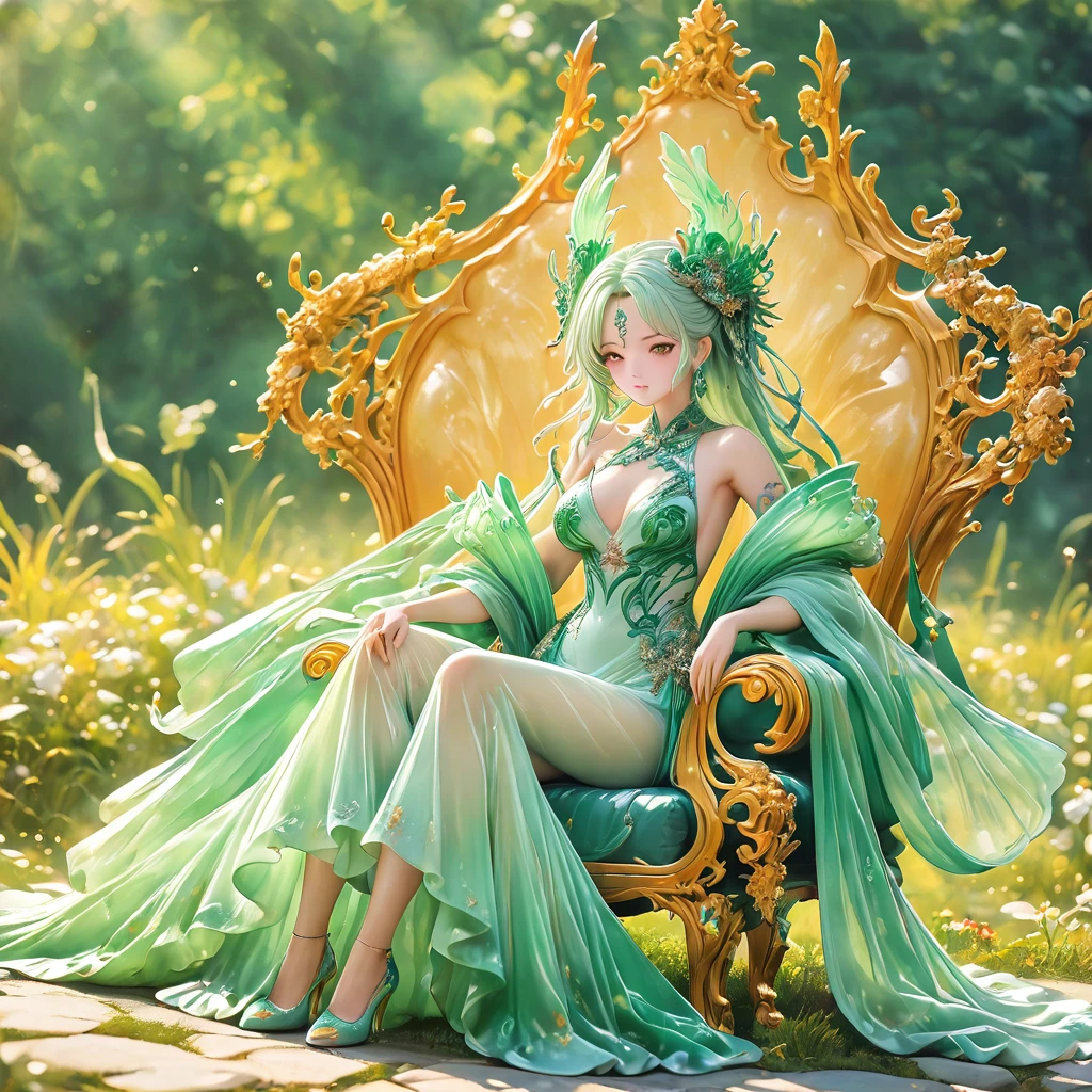 best quality, very good, 16K, ridiculous, Very detailed, Gorgeous evening dress((( Throne 1.3)))，Made of translucent jadeite, Background grassland（（A masterpiece full of fantasy elements）））， （（best quality））， （（Intricate details））（8K）