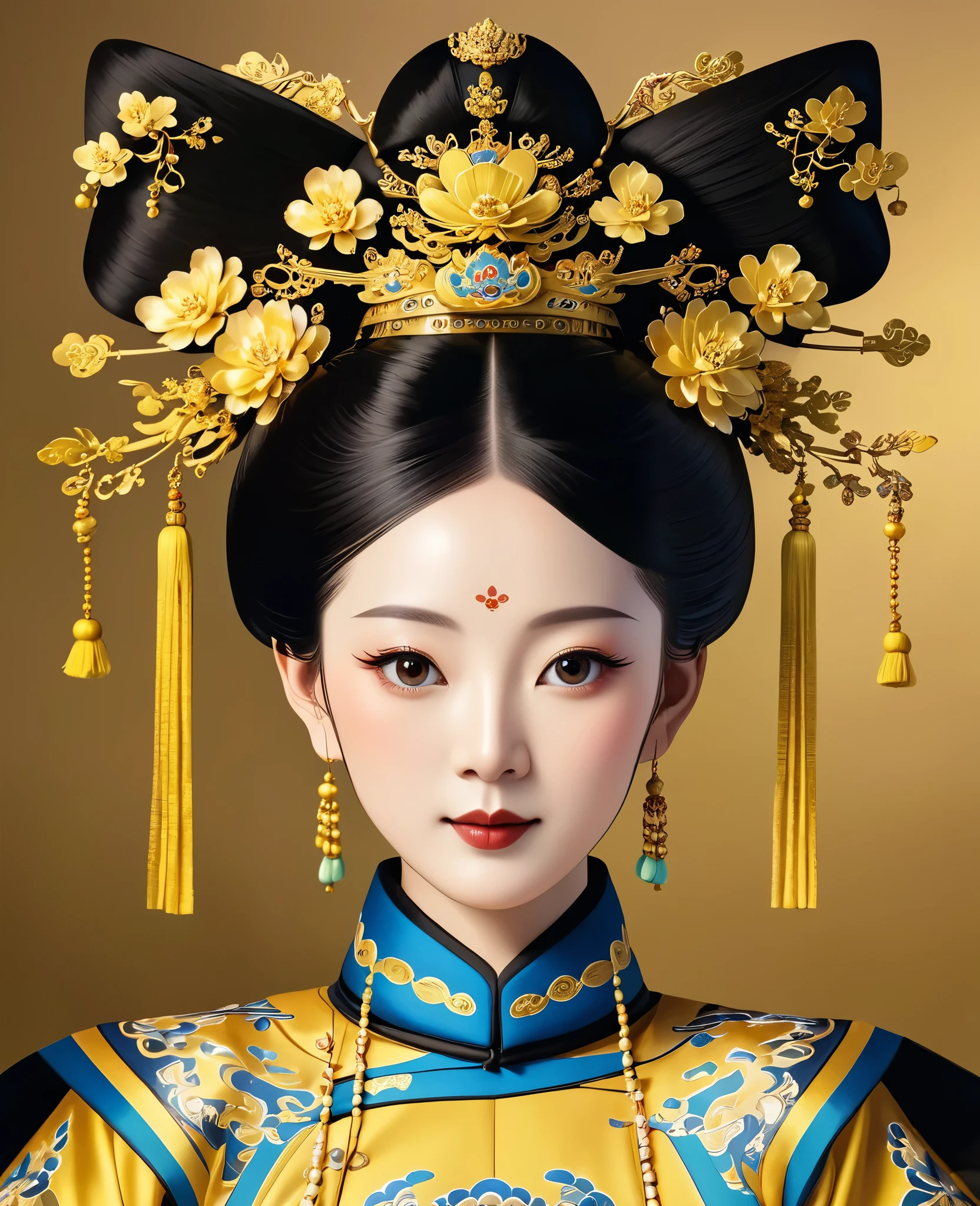 a serene portrait of a girl, symmetrical, round face, bright eyes, smooth skin, graceful and noble, opulent, ornate black and golden attire, Qing dynasty imperial headdress, regal, Chinese emperor, high chignon, lavish golden crown, tassels, palace, clean background